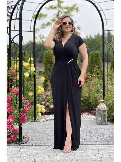 Šaty dlouhé společenské krátký rukáv dámské nadrozměr (34-50 ONE SIZE) POLSKÁ MÓDA PMLEL24DIANA (Velikost 34, Barva Černá)