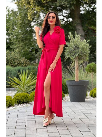Šaty dlouhé elegantní letní krátký rukáv dámské nadrozměr (36-46 ONE SIZE) POLSKÁ MÓDA PMLEL24ROSA (Velikost 36, Barva červená)