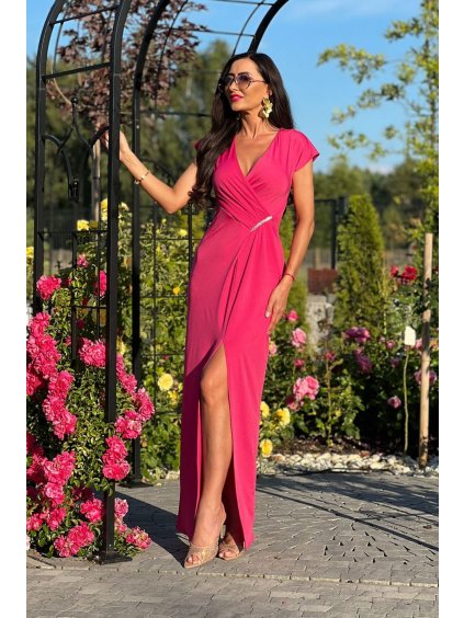 Šaty dlouhé společenské krátký rukáv dámské nadrozměr (34-50 ONE SIZE) POLSKÁ MÓDA PMLEL24DIANA1 (Velikost 34, Barva růžová středně)