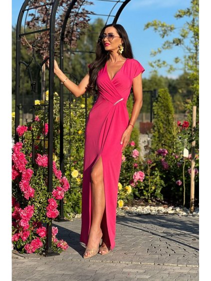 Šaty dlouhé společenské krátký rukáv dámské nadrozměr (34-50 ONE SIZE) POLSKÁ MÓDA PMLEL24DIANA1 (Velikost 34, Barva růžová středně)