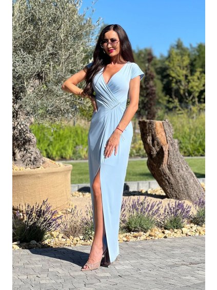Šaty dlouhé společenské krátký rukáv dámské nadrozměr (34-50 ONE SIZE) POLSKÁ MÓDA PMLEL24DIANA2 (Velikost 34, Barva světle modrá)