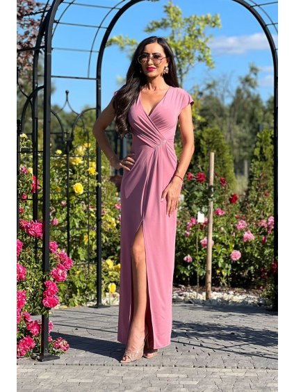 Šaty dlouhé společenské krátký rukáv dámské nadrozměr (34-50 ONE SIZE) POLSKÁ MÓDA PMLEL24DIANA3 (Velikost 34, Barva růžová starorůžová)