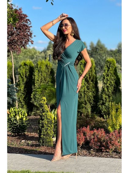 Šaty dlouhé společenské krátký rukáv dámské nadrozměr (34-50 ONE SIZE) POLSKÁ MÓDA PMLEL24DIANA4 (Velikost 34, Barva tmavě zelená)