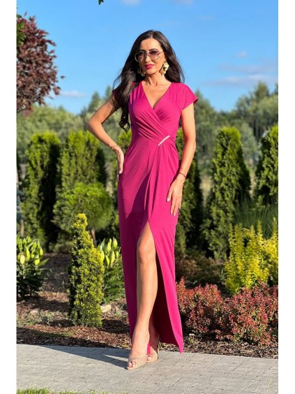 Šaty dlouhé společenské krátký rukáv dámské nadrozměr (34-50 ONE SIZE) POLSKÁ MÓDA PMLEL24DIANA6 (Velikost 34, Barva tmavě růžová)