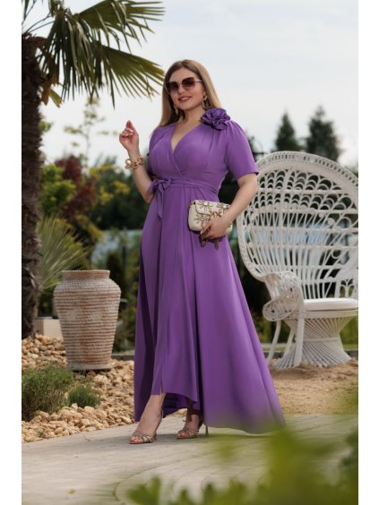 Šaty dlouhé elegantní letní krátký rukáv dámské nadrozměr (36-46 ONE SIZE) POLSKÁ MÓDA PMLEL24ROSA1 (Velikost 36, Barva fialová)