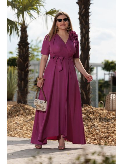 Šaty dlouhé elegantní letní krátký rukáv dámské nadrozměr (36-46 ONE SIZE) POLSKÁ MÓDA PMLEL24ROSA2 (Velikost 36, Barva fialová purpurová)