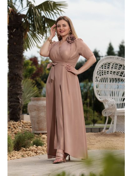 Šaty dlouhé elegantní letní krátký rukáv dámské nadrozměr (36-46 ONE SIZE) POLSKÁ MÓDA PMLEL24ROSA3 (Velikost 36, Barva hnědá světlá)