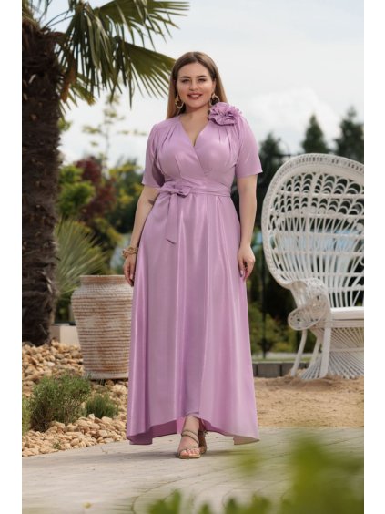 Šaty dlouhé elegantní letní krátký rukáv dámské nadrozměr (36-46 ONE SIZE) POLSKÁ MÓDA PMLEL24ROSA4 (Velikost 36, Barva fialová světlá)