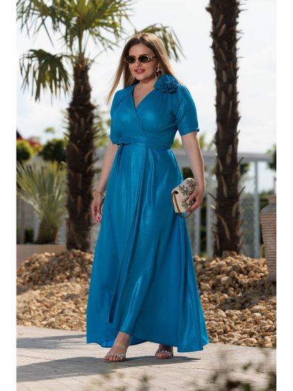 Šaty dlouhé elegantní letní krátký rukáv dámské nadrozměr (36-46 ONE SIZE) POLSKÁ MÓDA PMLEL24ROSA5 (Velikost 36, Barva modrá)