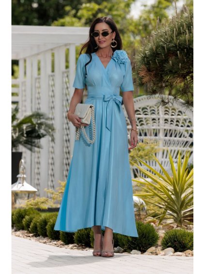 Šaty dlouhé elegantní letní krátký rukáv dámské nadrozměr (36-46 ONE SIZE) POLSKÁ MÓDA PMLEL24ROSA6 (Velikost 36, Barva světle modrá)