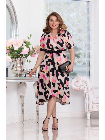 Šaty elegantní letní saténové krátký rukáv dámské nadrozměr (36-46 ONE SIZE) POLSKÁ MÓDA PMLEL24ROSAC3 (Velikost 36, Barva růžová baby)
