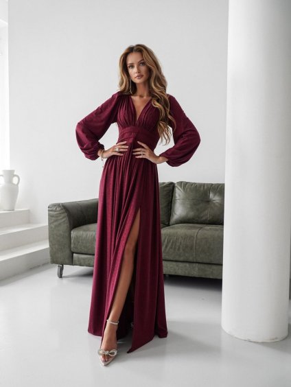 Šaty dlouhé elegantní třpytivé dlouhý rukáv dámské nadrozměr (34-50) POLSKÁ MÓDA PMLWD24RAMONA5 (Velikost 34, Barva vínová)