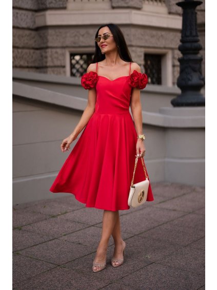 Šaty elegantní společenské na ramínka dámské (34-42) POLSKÁ MÓDA PMLEL24FLOWER1 (Velikost 34, Barva červená)