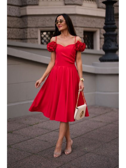Šaty elegantní společenské na ramínka dámské (34-42) POLSKÁ MÓDA PMLEL24FLOWER1 (Velikost 34, Barva červená)