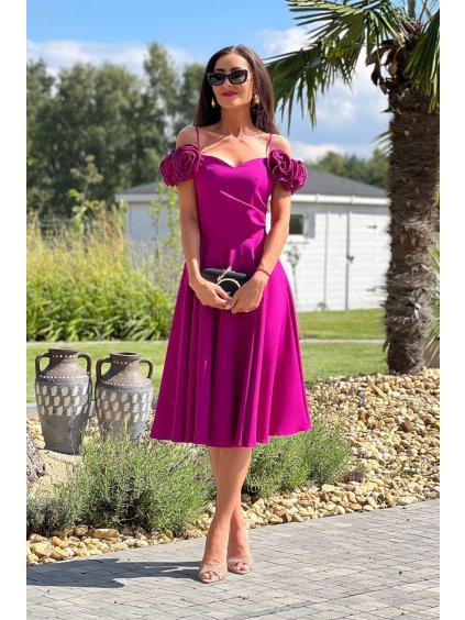 Šaty elegantní společenské na ramínka dámské (34-42) POLSKÁ MÓDA PMLEL24FLOWER2 (Velikost 34, Barva fialová)