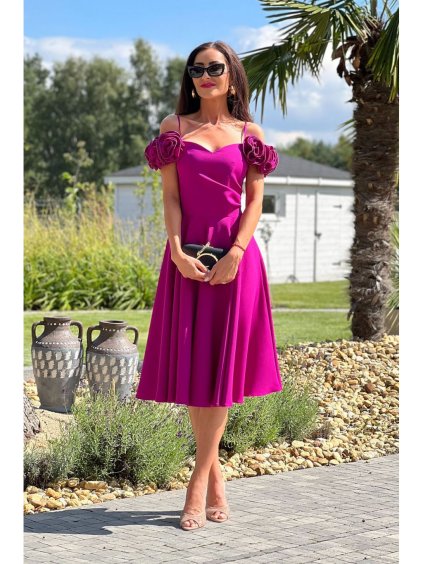 Šaty elegantní společenské na ramínka dámské (34-42) POLSKÁ MÓDA PMLEL24FLOWER2 (Velikost 34, Barva fialová)