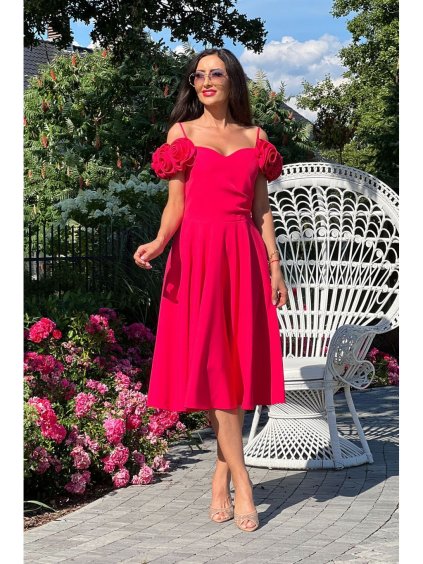 Šaty elegantní společenské na ramínka dámské (34-42) POLSKÁ MÓDA PMLEL24FLOWER4 (Velikost 34, Barva růžová malinová)