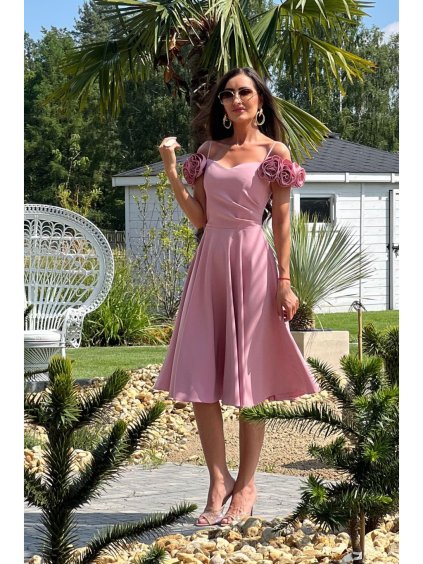 Šaty elegantní společenské na ramínka dámské (34-42) POLSKÁ MÓDA PMLEL24FLOWER5 (Velikost 34, Barva růžová starorůžová)