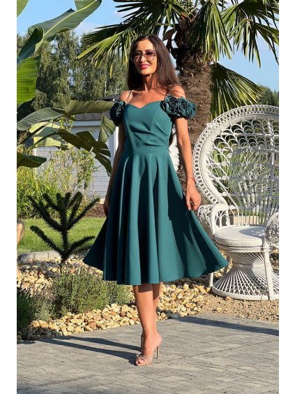 Šaty elegantní společenské na ramínka dámské (34-42) POLSKÁ MÓDA PMLEL24FLOWER6 (Velikost 34, Barva zelená)