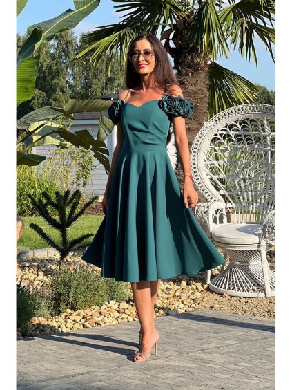 Šaty elegantní společenské na ramínka dámské (34-42) POLSKÁ MÓDA PMLEL24FLOWER6 (Velikost 34, Barva zelená)
