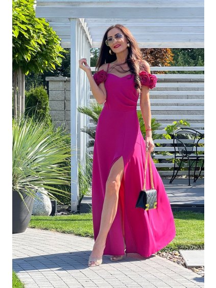 Šaty dlouhé elegantní společenské na ramínka dámské (34-42) POLSKÁ MÓDA PMLEL24FLOWERB (Velikost 34, Barva tmavě růžová)
