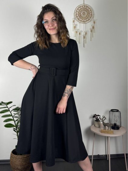 Šaty elegantní s páskem dlouhý rukáv dámské (S/M/L ONE SIZE) ITALSKÁ MÓDA IM424802