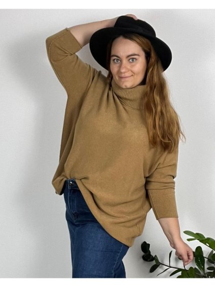 Úpletový Svetr s rolákem dlouhý rukáv dámský nadrozměr (54/56/58 ONE SIZE) ITALSKÁ MÓDA IMD24497/DR (Velikost 56/58, Barva hnědá)
