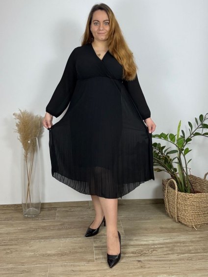 Šaty elegantní šifonové skládané dlouhý rukáv dámské nadrozměr (48/50/52 ONE SIZE) ITALSKÁ MÓDA IMWHA241445 (Velikost 48/50/52, Barva Černá)