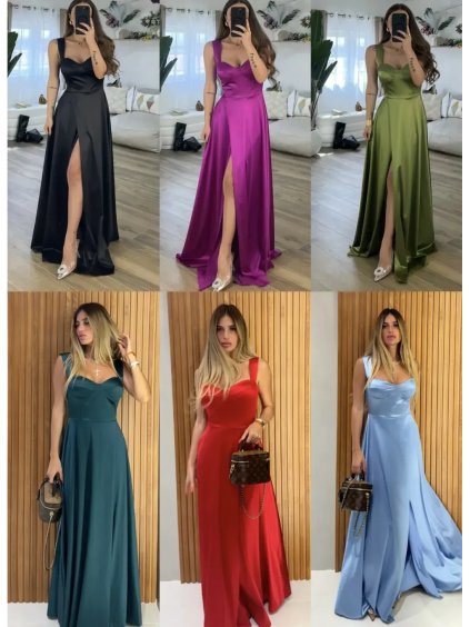 Šaty dlouhé společenské saténové na ramínka dámské (S/M/L ONE SIZE) ITALSKÁ MÓDA IMPLP2411610135