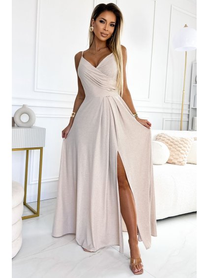 299-15 CHIARA elegantní maxi šaty na ramínka - béžové se třpytkami (Velikost S)
