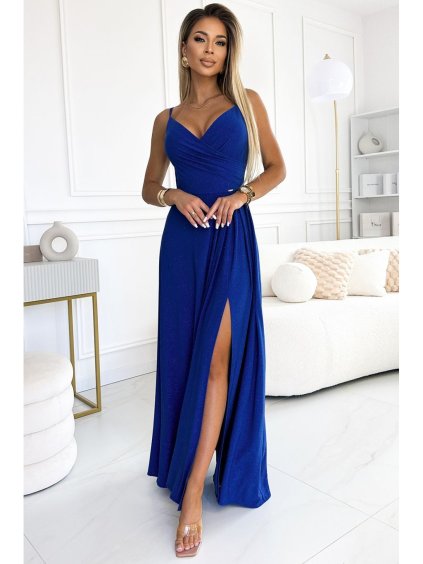 299-17 CHIARA elegantní maxi šaty na ramínka - modré se třpytkami