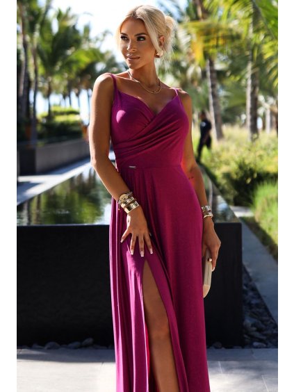 299-19 CHIARA elegantní dlouhé maxi šaty na ramínka - fuchsiové se třpytkami (Velikost S)