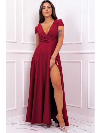 Šaty dlouhé elegantní společenské bez rukávu dámské nadrozměr (36-52) POLSKÁ MÓDA PMLBF24GALA15 (Velikost 36, Barva vínová)