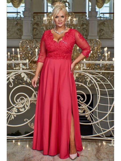 Šaty dlouhé elegantní společenské 3/4 rukáv dámské nadrozměr (36-56) POLSKÁ MÓDA PMLBF24CARMEN (Velikost 36, Barva růžová fuchsiová)