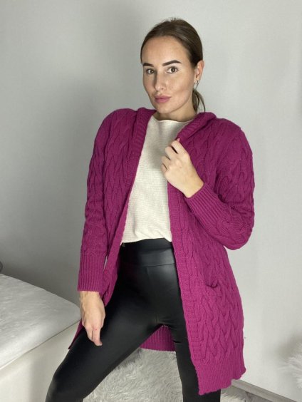 Cardigan pletený dlouhý rukáv dámský (S/M/L ONE SIZE) ITALSKÁ MÓDA IMD23520/DR (Velikost S/M/L, Barva růžová fuchsiová)