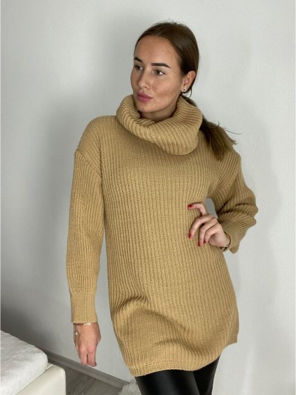 Svetr/Šaty krátké pletené s rolákem dlouhý rukáv dámské (S/M/L ONE SIZE) ITALSKÁ MÓDA IMPLI248123/DR (Velikost S/M/L, Barva hnědá)