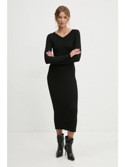Šaty dlouhé úpletové dlouhý rukáv dámské (S/M ONE SIZE) POLSKÁ MÓDA IMLAZ24PL6089/DUR (Velikost S/M, Barva Černá)