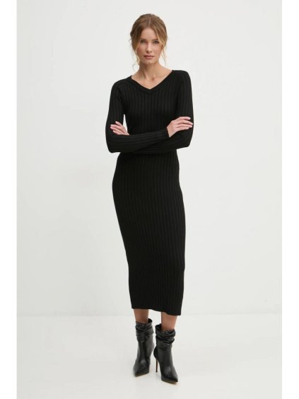 Šaty dlouhé úpletové dlouhý rukáv dámské (S/M ONE SIZE) POLSKÁ MÓDA IMLAZ24PL6089/DUR (Velikost S/M, Barva Černá)