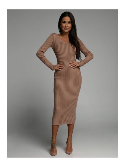 Šaty dlouhé úpletové dlouhý rukáv dámské (S/M ONE SIZE) POLSKÁ MÓDA IMLAZ24PL6089-1/DUR (Velikost S/M, Barva béžová)