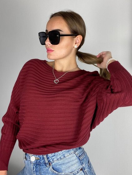 Svetr slabý úpletový dlouhý netopýří rukáv dámský (S/M/L ONE SIZE) ITALSKá MóDA IM725MELANIE/DR (Velikost S/M, Barva vínová)