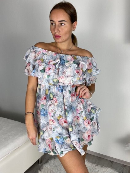 Šaty carmen přes ramena letní  dámské (S/M ONE SIZE) ITALSKÁ MÓDA IMM24M5076-1/DR (Velikost S/M, Barva šedá)