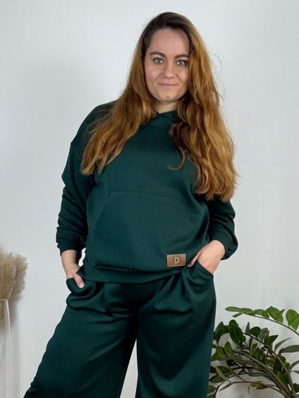 Mikina teplá s kapucí dlouhý rukáv dámská nadrozměr (54/56/58 ONE SIZE) ITALSKÁ MÓDA IMC24480/DR (Velikost 54/56, Barva tmavě smaragdová)