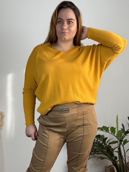 Svetr tenký dlouhý rukáv dámský nadrozměr (54/56/58 ONE SIZE) ITALSKÁ MODA IM724336/DR (Velikost 56/58, Barva žlutá hořčicová)