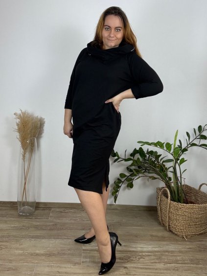 Šaty mikinové volnočasové dlouhý rukáv s golerem dámské nadrozměr (52/54/56 ONE SIZE) ITALSKÁ MÓDA IM521154/DR (Velikost 54/56, Barva Černá)