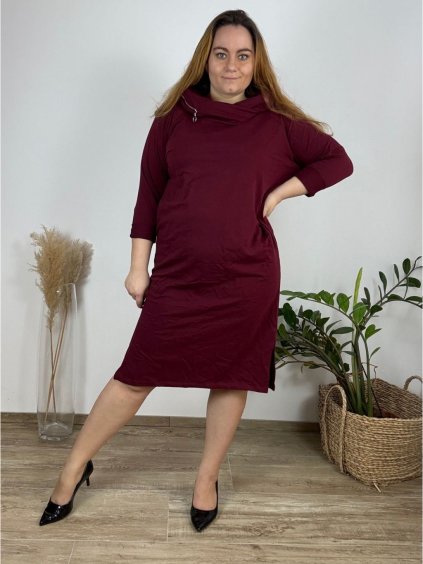 Šaty mikinové volnočasové dlouhý rukáv s golerem dámské nadrozměr (52/54/56 ONE SIZE) ITALSKÁ MÓDA IM521154/DR (Velikost 54/56, Barva Černá)