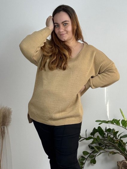 Svetr prodloužený dlouhý rukáv dámský nadrozměr (54/56/58 ONE SIZE) ITALSKÁ MÓDA IM324FRANCESKA/DR (Velikost 56/58, Barva hnědá)