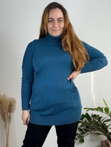 Svetr teplý s rolákem a kapsami dlouhý rukáv dámský nadrozměr (50/52/54 ONE SIZE) ITALSKÁ MODA IM724338/DR (Velikost 52/54, Barva modrá petrolejová)