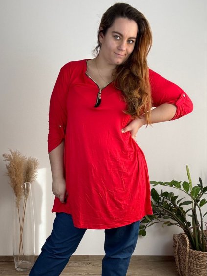Tunika oversize se zipem 3/4 rukáv dámské nadrozměr (54/56/58 ONE SIZE) ITALSKÁ MÓDA IM424512/DUR (Velikost 56/58, Barva červená)