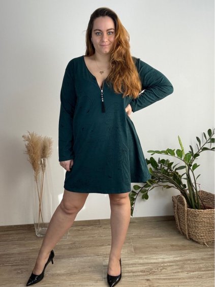 Šaty teplé dlouhý rukáv dámské nadrozměr (54/56/58 ONE SIZE) ITALSKÁ MÓDA IM424810/DU (Velikost 56/58, Barva tmavě smaragdová)