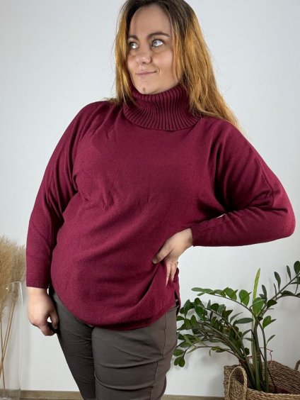 Svetr s rolákem dlouhý rukáv dámský nadrozměr (52/54/56 ONE SIZE) ITALSKÁ MÓDA IM524005/DR (Velikost 54/56, Barva vínová)